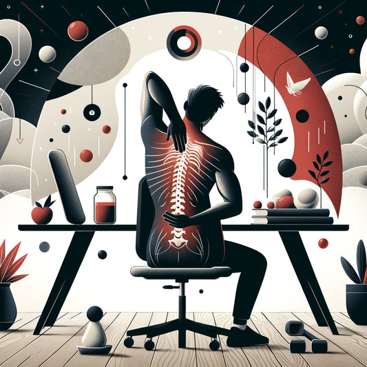"Illustration of a man stretching on a chair to decompress his spine, demonstrating one of the effective ways to relieve back pain in 2024 as outlined in the comprehensive guide.