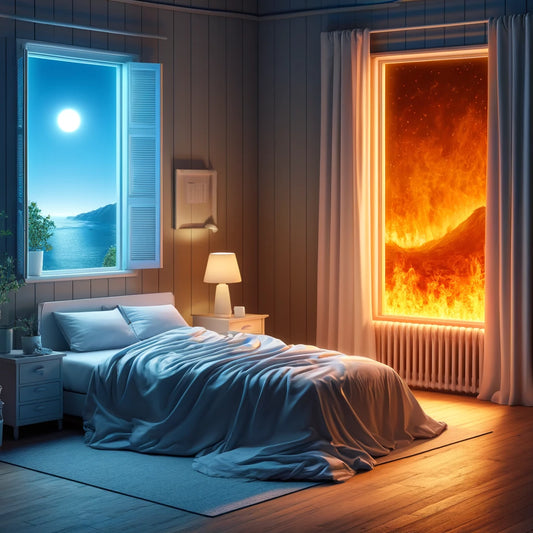 Comfortable bed equipped with an advanced cooling blanket, providing relief from extreme heat, showcased in a bedroom with a view of the burning hot outside environment.