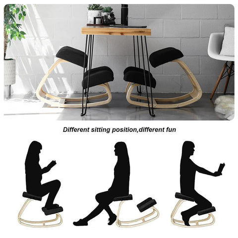 Detailed illustration of different sitting positions on a kneeling chair, emphasizing the ergonomic back benefits and posture improvement features essential for prospective buyers.
