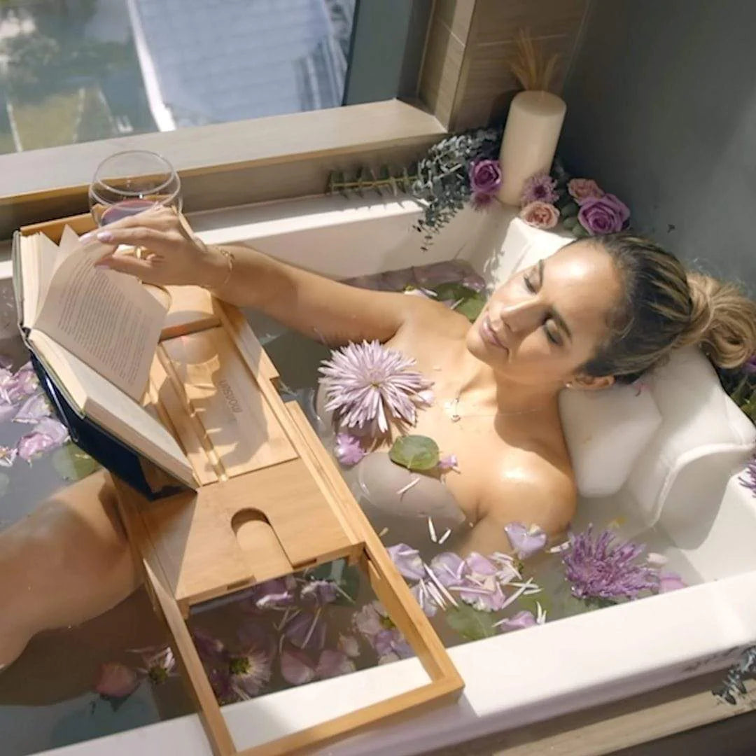 Expandable Bamboo Bathtub Caddy Tray - Non-Slip, Water-Resistant, with Book & Wine Glass Holder