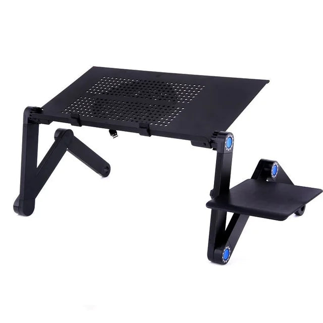 Adjustable vented laptop stand with a large cooling fan, designed for superior heat dissipation and ergonomic support, ensuring optimal laptop functionality and user comfort.