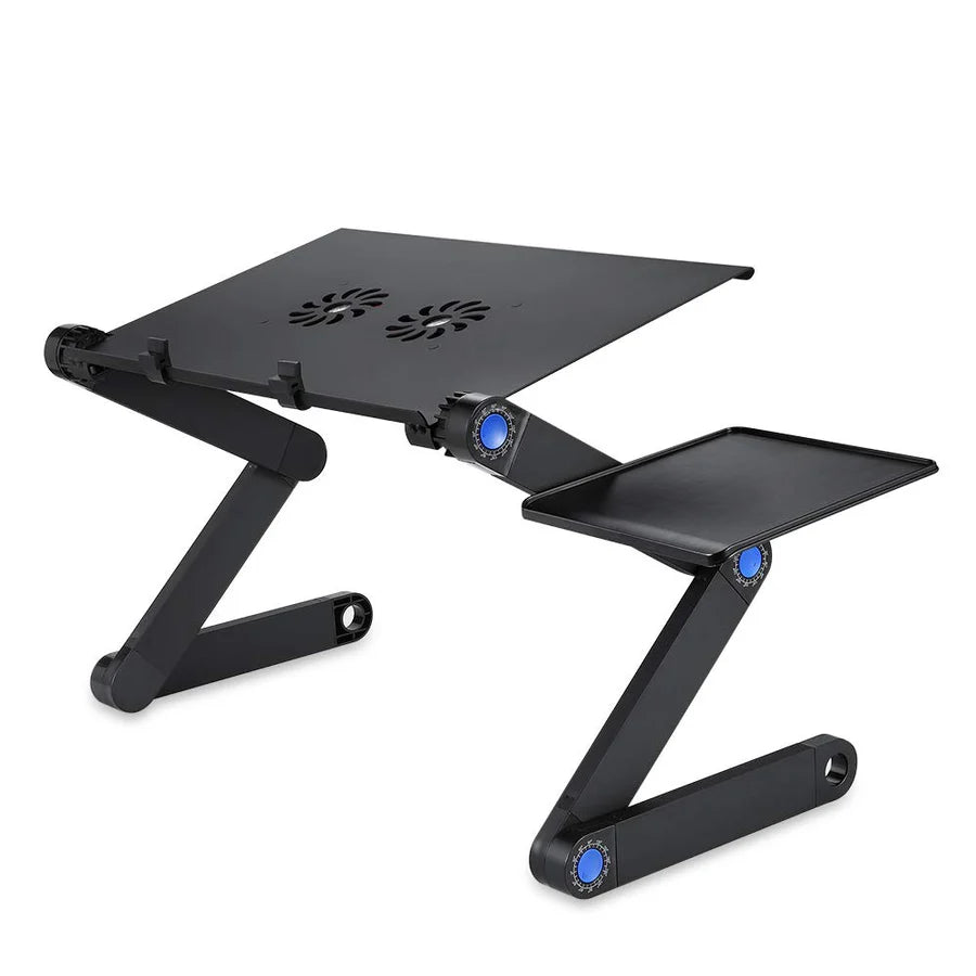 Dual-fan adjustable vented laptop stand, emphasizing enhanced cooling capacity and ergonomic height adjustments for optimal laptop performance and user comfort.
