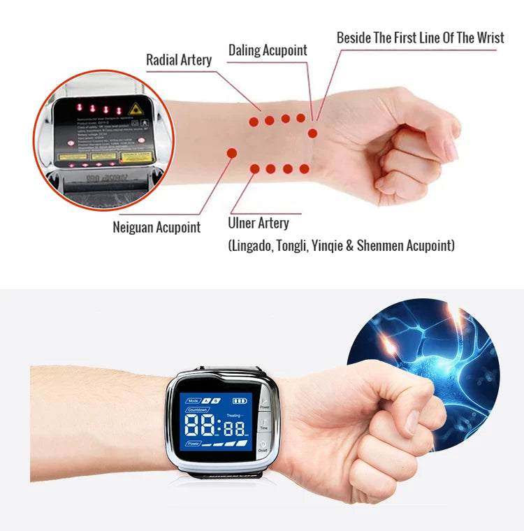 Lightweight and convenient VitaLase Laser Therapy Watch featuring a high-capacity rechargeable battery for energy-efficient home-use and travel