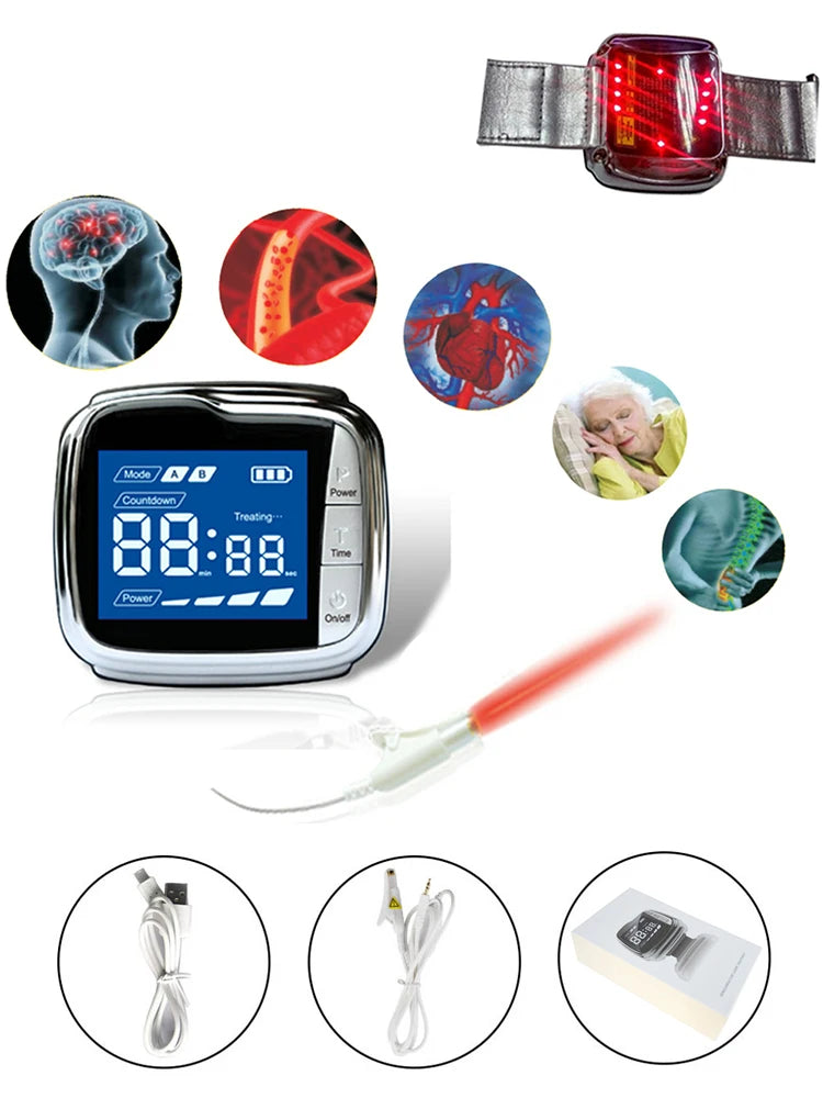 Portable and user-friendly VitaLase Laser Therapy Watch with clear LCD display - perfect for health-conscious individuals seeking circulatory health improvement