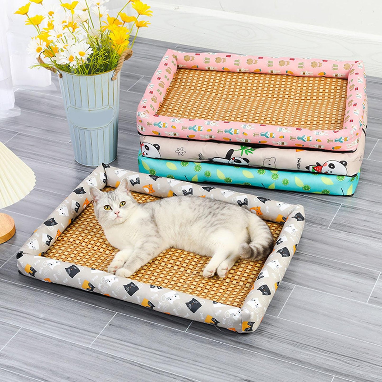"Happy Dog Cooling Bed - Ice Mat Technology, Ergonomic Design, Odor-Resistant Fabric, Cartoon Print - Perfect for Dogs, Machine Washable, Durable Material"