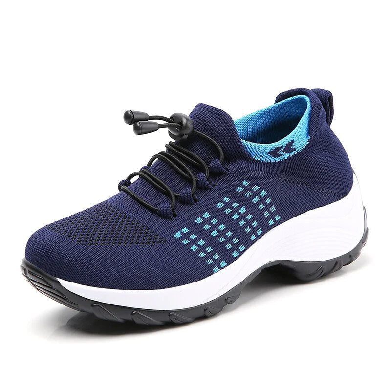 Close-up of blue Ortho Stretch Comfort Shoe highlighting its ergonomic design, cushioned insole, and flexible sole for superior arch support and everyday comfort
