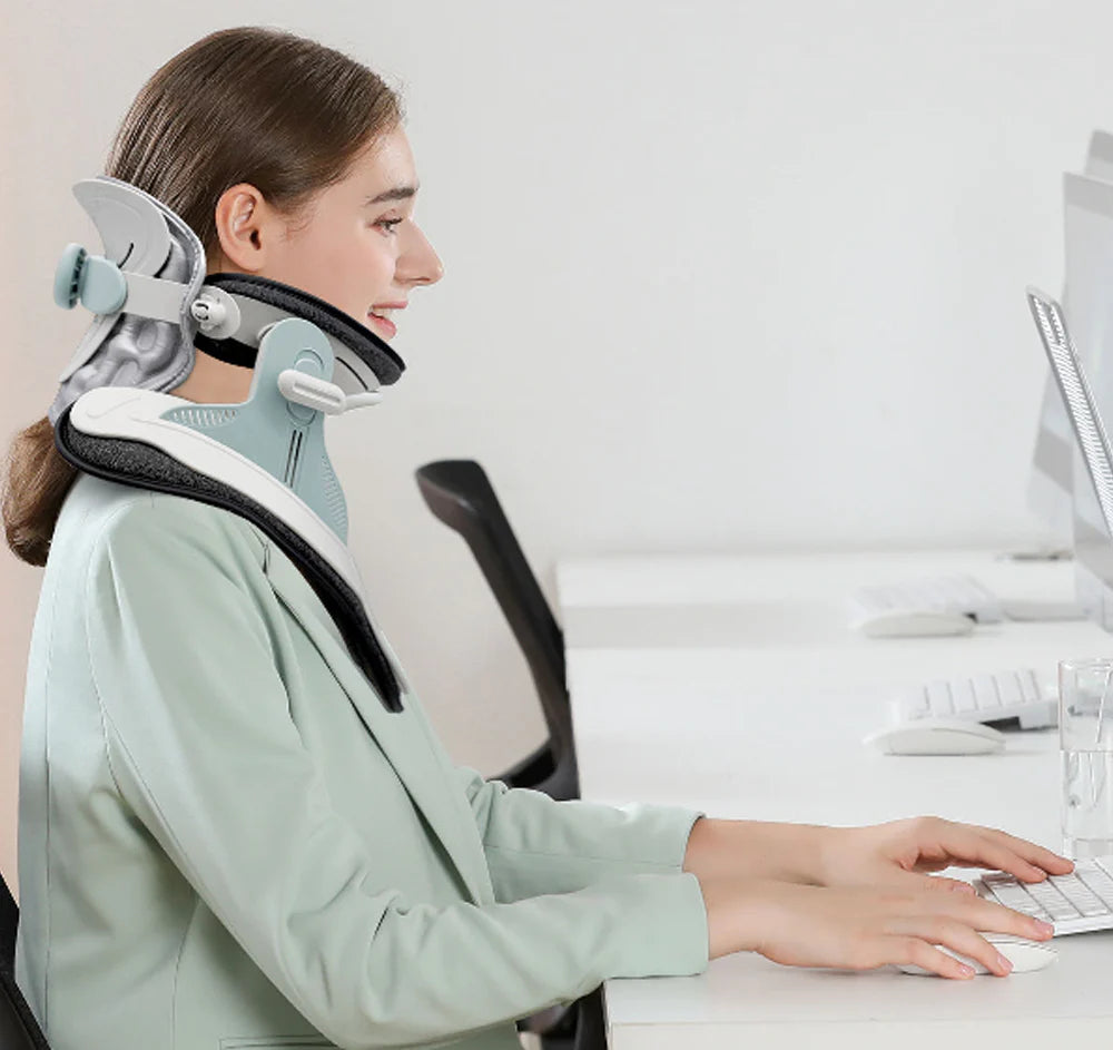 Female professional using SpineAlign cervical collar for enhanced neck comfort and ergonomic posture at work
