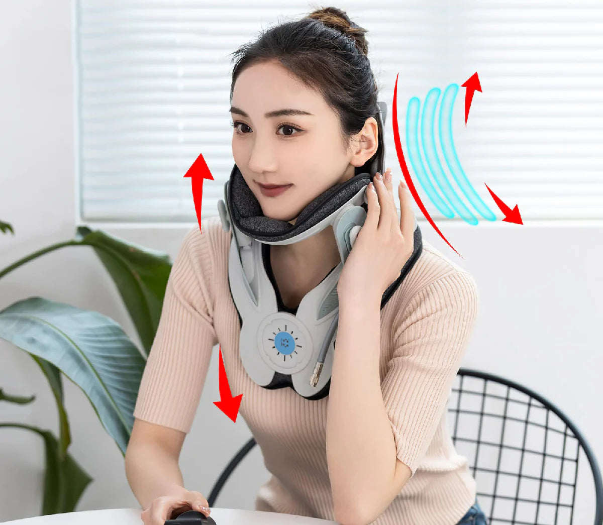 Active adult female adjusting SpineAlign posture corrector for neck pain relief and spinal alignment during a break