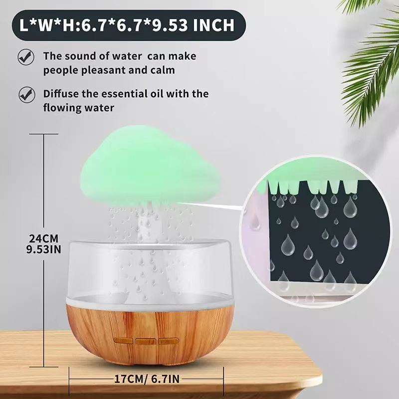 ZenRain™ humidifier with green head and wood-colored base, displaying its unique design and technological specifications for efficient and stylish home humidification