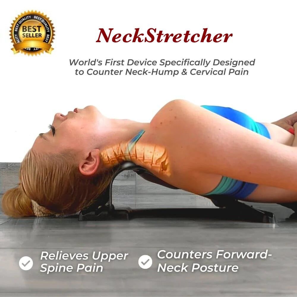 Person using the NeckStretcher™ Cervical and Thoracic Traction Device to relieve neck pain, stretch neck muscles, and improve posture, demonstrating an effective neck and upper back pain relief solution.