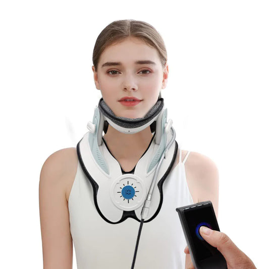Woman wearing SpineAlign Traction Collar for neck support and posture improvement
