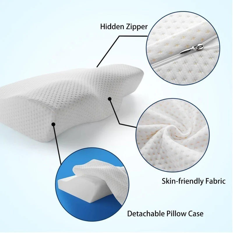 "Close-up view of the hypoallergenic material and layered construction of a cervical ergonomic memory foam pillow, highlighting its breathability and pressure-relieving capabilities for superior comfort.