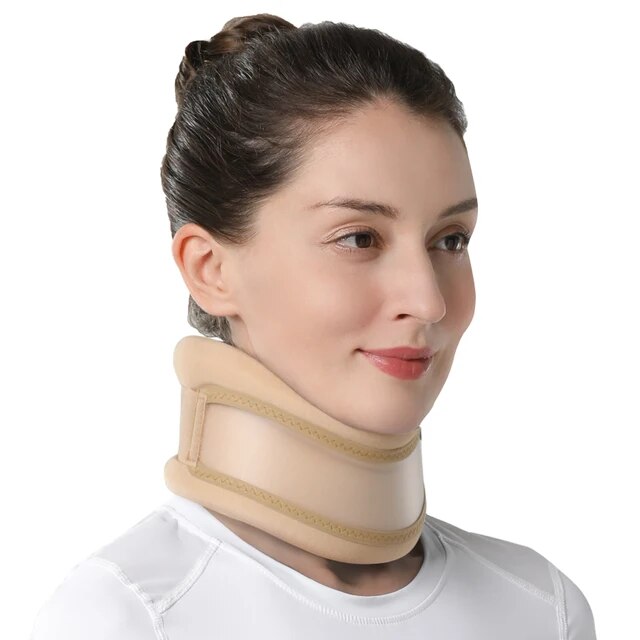 middle-aged woman peacefully wearing the skin-toned CerviRest Neck Brace, showcasing its seamless integration with various skin tones. Crafted from hypoallergenic foam, this neck brace offers customizable support levels, ideal for promoting serene sleep and alleviating neck discomfort.